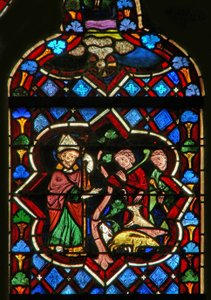 Szene im Ostfenster, Darstellung von St. Samson verwandelt Schweine in Ziegen