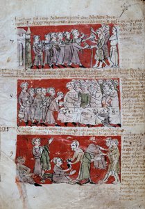 Scene for studielivet på Hubant College eller Ave Maria i Paris Scener fra studielivet (måltider, velgørenhed) og colleges regler. Strips 7 til 9. Manuskriptside "" Livre des statutes du College de Hubant ou de l