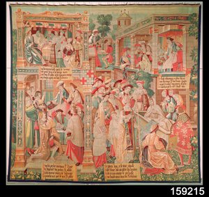 Scener fra Sankt Remigius (d.533) biskop af Reims: The Miracle of the Rich Mans Testament and the Resurrection of a Dead Man, 1531 af French School