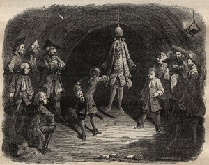 Tyveskole skabt af briganden Louis Dominique Garthausen dit Cartridge (1693-1721) i en karriere i Paris: en model hængt i loftet, hvis lommer skulle tømmes uden at bevæge sig, for at modtage en regn af skud - Tyveskolen af French School