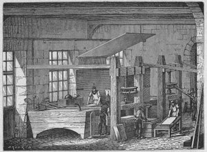 Videnskab. Papirfremstilling. Håndlavet papir. Gravering i: Store mænd og store fakta fra industrien, Frankrig, ca. 1880 (gravering) af French School