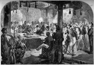 Anden opiumskrig mellem Frankrig og England og Kina (1858-1860) - underskrivelse af Tianjin-traktaten (Tientsin) i 1858: engelske og franske ambassadører Lord Elgin (James Bruce) af French School