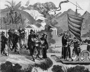 Anden opiumskrig mellem Frankrig og England og Kina (1858-1860): Kinesisk karikatur af konflikten. En båd er klar til at nærme sig kysten under en gruppe kineseres hånende blik. Om bord på båden, to tegn, der repræsenterer Frankrig (venstre) og Engl af French School