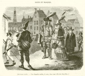 Sekstende århundrede, En adelig familie, om aftenen, i en by i Holland (stik) af French School