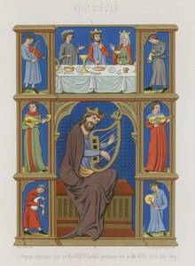 Serie af billeder fra det 13. århundrede, der viser en mystisk aftensmad, musikere og en konge, der spiller en lyre af French School