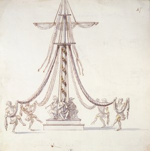 Scenografi til en ballet med sømænd, der danser rundt om en mast, fra en kollektion med titlen Les Menus Plaisirs du Roi (wc og pen og blæk på papir) af French School