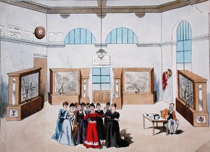 Scenografi til en operette med kvindelige operatører i en central telefoncentral. slutningen af det 19. århundrede (farve litho) af French School