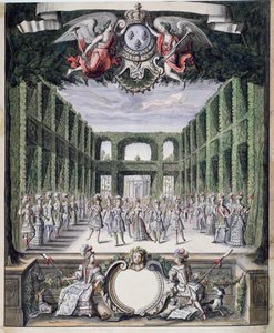 Scenografi til en uidentificeret ballet i en have, taget fra en samling med titlen Menus Plaisirs du Roi (pen & blæk og wc på papir) af French School