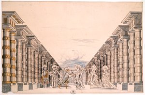 Scenografi til et uidentificeret skuespil, taget fra en samling med titlen Menus Plaisirs du Roi (pen & blæk og akvarel på papir) af French School