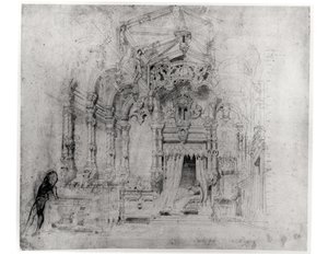 Scenografi til den første produktion af Angelo, tyran de Padoue af Victor Hugo (1802-85), 1835 (pen og blæk på papir) af French School