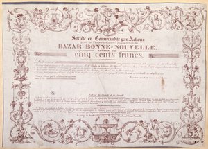 Aktiebevis for 500 francs for Bazar Bonne-Nouvelle, 1836 af French School