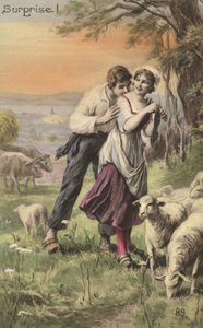 Hyrde og hyrdinde (farve litho) af French School