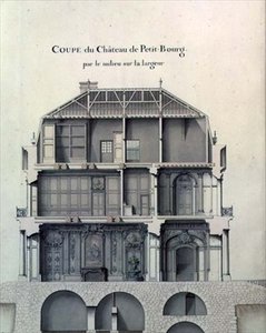 Sidelæns snit gennem midten af Chateau de Petit-Bourg, der viser salonen af French School