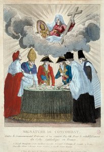 Underskrift af konkordatet af 1801 den 15/07/1801: det er underskrevet mellem den franske regering (her repræsenteret af Joseph Bonaparte) og Saint Siege (repræsenteret af kardinal Consalvi for pave Pius VII). 1801 Paris, Musee Carnavalet af French School