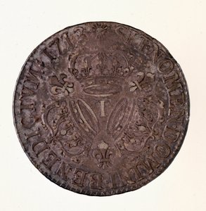 Sølv fransk ecu (scude), regeringstid af kong Ludvig XIV (1643-1715) 1713 Diam. 4 cm Napoli, museo archeologico af French School