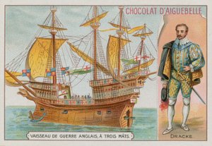 Sir Francis Drake og et tremastet engelsk krigsskib af French School