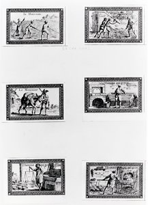 Seks vignetter, der viser brødfremstilling (gravering) (bw-foto) af French School