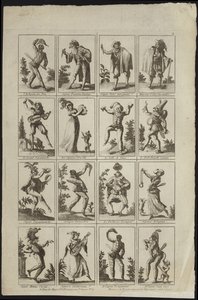 Seksten paneler forestillende figurer i kostume