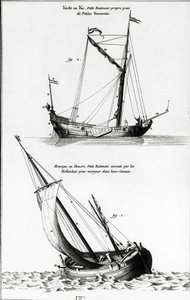 Skitse af både: en yacht eller yac og en hourque eller hollock, som er en lille båd opfundet af hollænderne til at navigere i kanalerne - i "" Diderot encyclopedia"", bind 7 Marine, gravering, Bibl. Mazarine. af French School