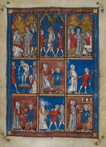 Sloane MS 1977 fol.6r Ni miniaturer, der viser bibelske og medicinske scener. Ovenfor Kristus før Kajfas og Pilatus; flagelleringen. Center og under, læger, der behandler patienter for brækkede knogler og andre lidelser af French School