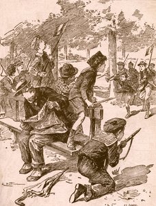 Små drenge spiller krigsspil i Frankrig under Første Verdenskrig. Fra Agenda Buvard du Bon Marche udgivet 1917. af French School