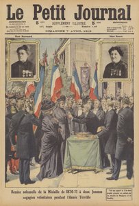 Højtidelig præsentation af den fransk-preussiske krigsmedalje til to franske kvindelige frivillige fra Annee (farve litho) af French School