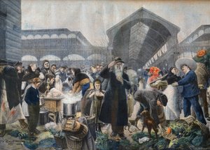 Suppestand på Les Halles-markedet om morgenen, illustration fra 