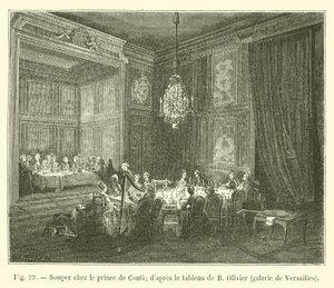 Aftensmad med Prince de Conti; efter maleriet af B Olivier, Versailles galleri af French School