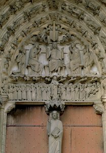 South Portal tympanon afbilder Kristus tronet med en Beau Christ-figur på trumeauet nedenfor, 1100-tallet af French School