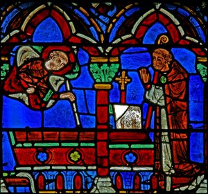 St Cheron-vindue: viser sig for en abbed ved hans grav (w15) af French School