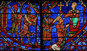 St Thomas Becket beder, før han bliver myrdet af 3 riddere (w18) af French School