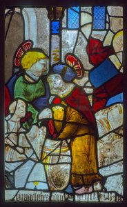 Glasmaleri, evangelisterne opbevarer tønderne (tema for den mystiske presse) af French School