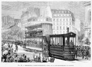 Dampslæbebåd for erfarne sporvogne i Paris, fra Montparnasse station til Bastille - i "" The new conquests of science"" af Louis Figuier af French School