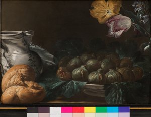 Stilleben med tallerken med figner, kande, blomster og brød, 1740-50 af French School