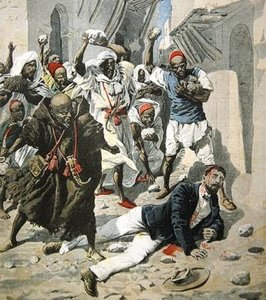 Stening ihjel Doctor Emile Mauchamp i Marrakesh, forsideillustration af Le Petit Journal, 7. april, 1907 af French School