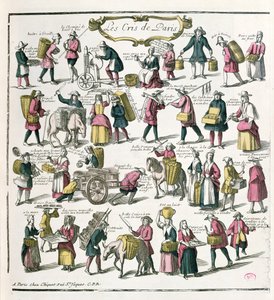 Gadesælgere i Paris, slutningen af det 17. århundrede (farvegravering) af French School