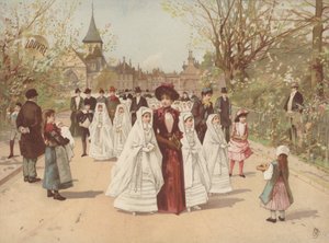 Gadebillede med piger iført konfirmationskjoler af French School