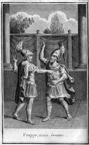 Slå til, men hør, svar lavet af Alcibiades (450-404 f.Kr.), athensk statsmand og strateg på truslerne fra Eurybiades. I "" Skønheder fra oldtidens historie eller mindeværdige fakta og ordsprog fra store mænd"" af French School
