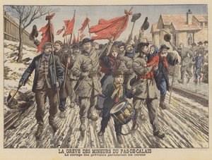 Strejke fra minearbejderne i Pas-de-Calais, Frankrig (farve litho) af French School