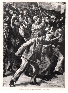 Strejkere demonstrerer på gaderne i Chicago under Pullman-optøjerne i 1894, ca. 1895 af French School