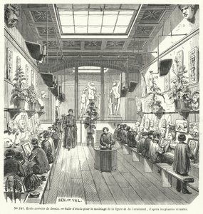 Elever i en klasse i en fri tegneskole, Frankrig (gravering) af French School