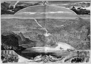 Suez-kanalen: panoramaudsigt over hullet i Isthmus of Suez (Egypten), som blev bygget i 1859. Indgravering af Morin i "" The Illustrous World"" nr. 84 af 20. november af French School