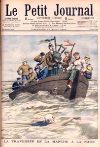 Svømning den engelske kanal. Engelske Jabez Wolffe gør det første af sine 22 mislykkede forsøg på at svømme over Kanalen. La traversée de la manche a la swim af Jabez Wolffe (1877-1943) - Illustration til Le petit Journal af French School