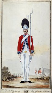 SwissGuard. Tavle 16 i ""Kompendium af militæruniformer af franske tropper under Louis XVI"" Litografi fra 1779. Dim. 0,23x0,16 m. Paris, hærmuseet af French School