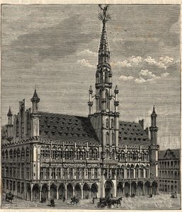System af lynafledere ved rådhuset i Bruxelles i det 19. århundrede - Indgravering i "Videnskaber tilgængelige for alle - Populær fysik og kemi" af Alexis Clerc - Slutningen af det 19. århundrede - Privat samling af French School