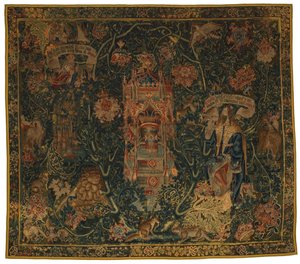 Tapestry, Jumala, Isä ilmestyy Moosekselle (yksi kuudesta Sibylistä, jotka sisältävät 46.134-46.139), nimeltään "Rothamsted Tapestries", valmistettu Flanderissa, Tourneissa tai Brysselissä, Belgiassa, noin 1530 (villa) af French School