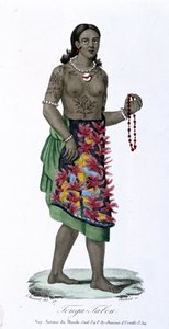 Tatoveret kvinde fra Tonga-Tabou - i ""Bibliotheque Universelle des Voyages"" af Albert-Montémont, red. Armand-Aubrée, bind 17 af French School