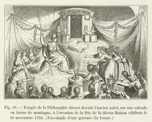Filosofiens tempel står foran det gamle alter, på en platform i form af et bjerg, i anledning af festen for fornuftens gudinde fejret den 20. november 1793, faksimile af en gravering fra tiden (f. af French School