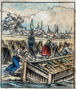 Tekstil, hør. Hørrust: For at adskille halmfilamenter dyppes hørstøvler i vand. Gravering. Epinal billeddannelse sidst i det 19. århundrede. af French School