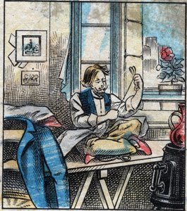 Tekstil, hør. Sytråd skåret i nøgler. Gravering. Epinal billeddannelse sidst i det 19. århundrede. af French School